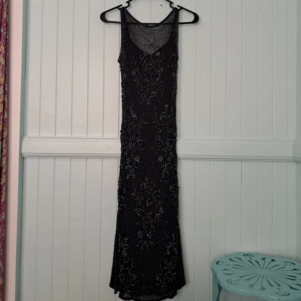 Scala Black Beaded Dress V-neck Sleeveless Cowl Back